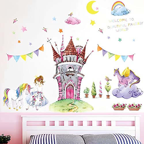 WandSticker4U®- XXL Aquarell Wandtattoo PRINZESSIN SCHLOSS Mädchen I Wandbilder: 105x90 cm I Wand Aufkleber Wandsticker Mädchenzimmer rosa Blumen Einhorn Elfen Baby-Kinder-zimmer Deko von WandSticker4U