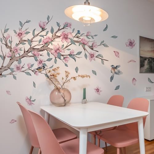 WandSticker4U®- [Pastellfarben] Wandtattoo KIRSCHBLÜTE BAUM XXL (120x100 cm) I Wandsticker Blumen groß Vögel auf Baum Ast Blumen Aufkleber Frühling I Wanddeko Wohnzimmer Schlafzimmer Küche Bad Flur von WandSticker4U