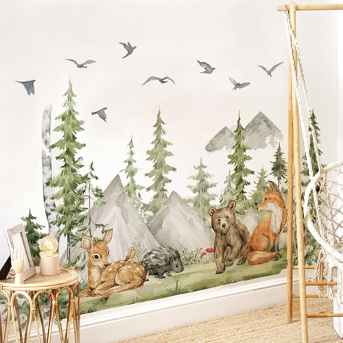 WandSticker4U®- XXL Wandtattoo WALD & BERGE Kinderzimmer I Wandbild: 150x96 cm I Aufkleber Waldtiere Wandsticker Baby Fuchs Bär Reh Baum grün Dschungel I Zimmer Deko Mädchen & Junge von WandSticker4U