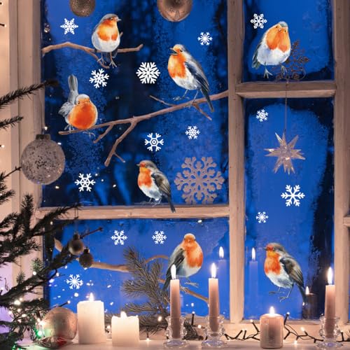 WandSticker4U®- XXL Winter Fensterbilder selbstklebend Vögel ROTKEHLCHEN, Schneeflocken & ÄSTEN (158x106 cm) I Fensterbilder Weihnachten wiederverwendbar Winterdeko Weihnachtsdeko Fenster GROß von WandSticker4U