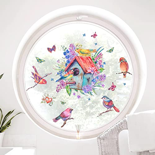 WandSticker4U®- Fensterbilder Sommer selbstklebend VOGELHAUS & BLÜTEN I Fensteraufkleber Fenstersticker Vögel Kinderzimmer Wohnzimmer Bad Küche Fensterdekoration wiederverwendbar von WandSticker4U