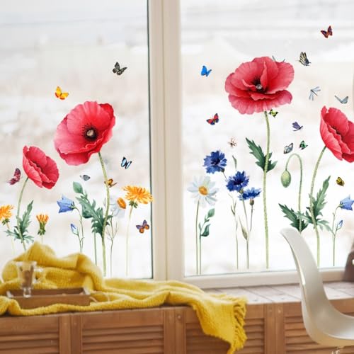 WandSticker4U®- Fensterbilder Sommer selbstklebend MOHNBLUMEN rot XXL (88x57 cm) I Fensteraufkleber Fenstersticker Blumen Pflanzen Wohnzimmer Schlafzimmer Bad Küche Fensterdekoration GROß von WandSticker4U