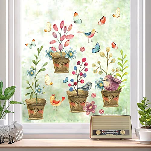 WandSticker4U®- wiederverwendbar Fensterbilder Frühling selbstklebend BLUMENTOPF vintage I Fenster Aufkleber Fenstersticker Blumen Pflanzen Vögel Wohnzimmer Küche Bad Kinderzimmer GROß von WandSticker4U