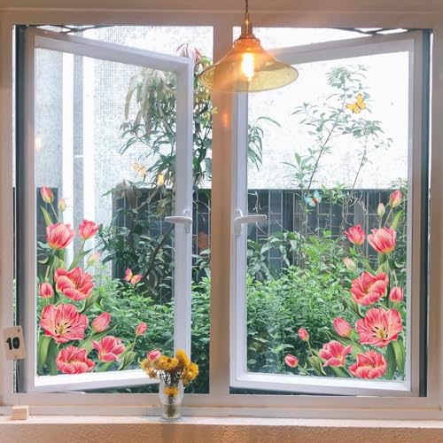 WandSticker4U®- Wiederverwendbare Fensterbilder Sommer selbstklebend TULPEN rot (60x44 cm) I Fensteraufkleber Fenstersticker Blumen Wohnzimmer Schlafzimmer Bad Küche Fensterdekoration von WandSticker4U