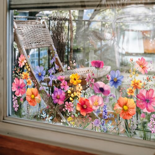 WandSticker4U®- Wiederverwendbare Fensterbilder Sommer selbstklebend BLUMENWIESE bunt (95x60 cm) I Fenstersticker Blumen Pflanzen Fensteraufkleber Wohn-& Schlafzimmer Küche Fenster Deko Frühling von WandSticker4U