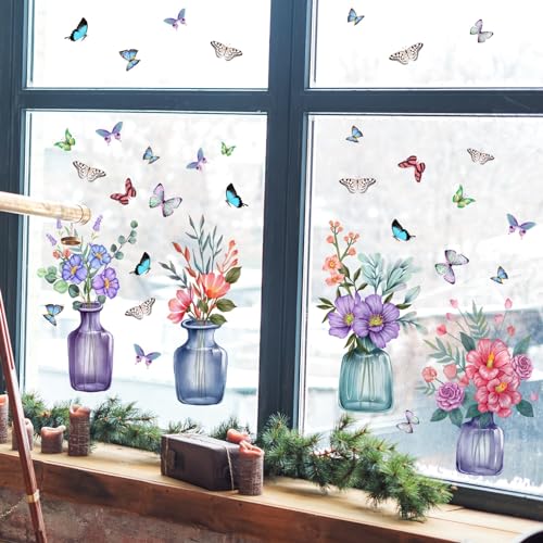 WandSticker4U®- Fensterbilder Sommer BLUMEN IN GLASVASEN lila/blau I Fensteraufkleber Fenstersticker Blumen selbstklebend Schmetterlingen Wohnzimmer Schlafzimmer Küche Bad Fensterdekoration von WandSticker4U