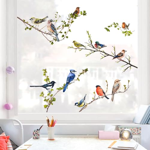 WandSticker4U® - wiederverwendbare Fensterbilder selbstklebend VÖGEL AUF ÄSTEN I Grün Rot Blau I Fenster Aufkleber Fenstersticker Frühling Sommer Schlafzimmer Wohnzimmer Kinder-zimmer Deko von WandSticker4U