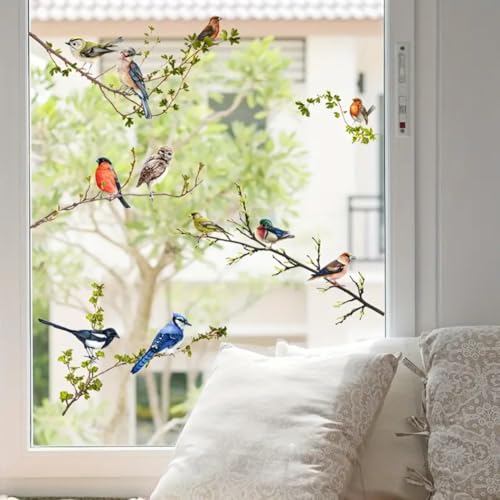 WandSticker4U®- Fensterbilder Sommer selbstklebend VÖGEL auf ÄSTEN (78x50 cm) I Fenstersticker Vögel Ast Fensteraufkleber Wohnzimmer Schlafzimmer Bad Küche Fensterdekoration wiederverwendbar von WandSticker4U