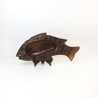 Vintage Dunkelbraune Teakholz Schale - Fischform Brettchen Nüsseschale Küchendekoration Untersetzer Tischdekoration 1970-80Er von Wandabazaa