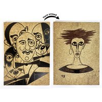 Vintage Kunstbild Mit Beidseitigem Motiv - Auf Pressspan Ritztechnik Handarbeit Comic Punk Rock Twenties Pop 1990Er von Wandabazaa