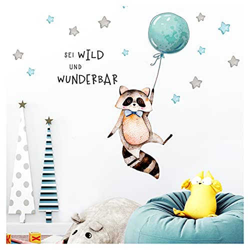 Little Deco Sticker Spruch sei wild & Waschbär I Wandbild 120 x 56 cm (BxH) I Luftballon Wandbilder Wandtattoo Kinderzimmer Junge Tiere Deko Babyzimmer Kinder DL315 von Wandaro