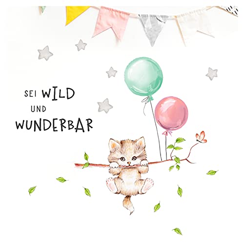 Little Deco Wandbilder Spruch sei wild & Katze I Wandbild 105 x 52 cm (BxH) I Luftballons Wandtattoo Aufkleber Kinderzimmer Mädchen Tiere Deko Babyzimmer Kinder DL315 von Wandaro