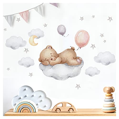 Little Deco Wandsticker Bär auf Wolke Wandtattoo Teddybär Luftballons Babyzimmer Schlafzimmer Wandaufkleber für Kinderzimmer Wanddeko DL871-6 von Wandaro