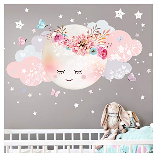 Little Deco Wandsticker Kinderzimmer Mädchen Mond & Wolken I XL - 127 x 63 cm (BxH) I Wandtattoo Babyzimmer selbstklebend Wandaufkleber Sterne Blumen Kinder DL243 von Wandaro