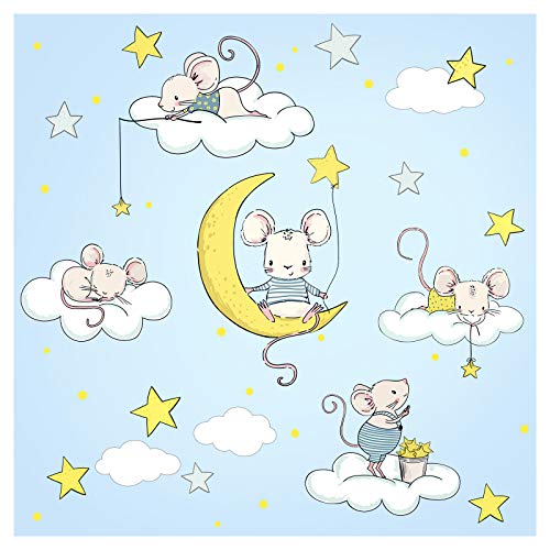 Little Deco Wandsticker Mäuse auf Wolken und Mond I Wandbild L - 213 x 106 cm (BxH) I Wandtattoo Kinderzimmer Junge Deko Aufkleber Mädchen Babyzimmer Kinder DL303 von Wandaro