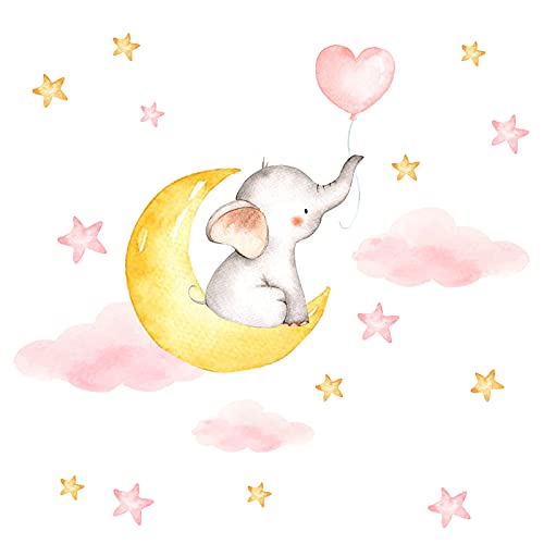 Little Deco Wandsticker Wandtattoo Kinderzimmer Mädchen Elefant Mond Wandaufkleber Tiere Wolken Sterne Babyzimmer Wanddeko Wandbild Kinder DL315-22 von Wandaro