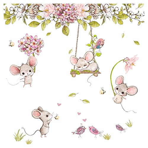 Little Deco Wandsticker Wandtattoo Kinderzimmer Mädchen Mäuse Wandaufkleber Vögel Wandbild Mädchenzimmer Blumen Rosa Schaukel Wanddeko Blumenranke DL744-2 von Wandaro