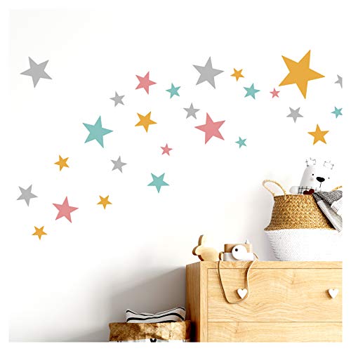 Little Deco Wandtattoo 60 Sterne Kinderzimmer Mädchen Stars I Mint gelb rosa I viele Farben Wandaufkleber Wandsticker Set bunt selbstklebend DL409 von Wandaro