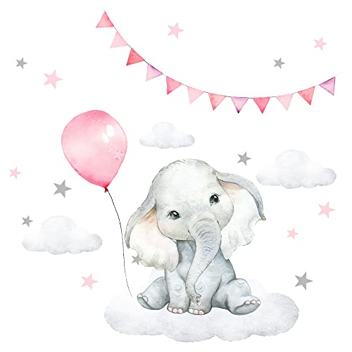 Little Deco Wandtattoo Kinderzimmer Mädchen Wanddeko Wandsticker Baby Elefant mit Luftballon Sterne Safari Boho Wandbild selbstklebend für Kinder DL539-53 von Wandaro