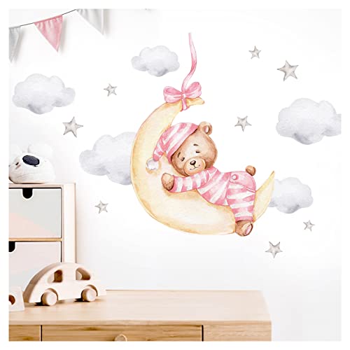 Little Deco Wandtattoo rosa Bär mit Mond Wandsticker Teddybär Babyzimmer Wandaufkleber Tiere Schlafzimmer Kinderzimmer Deko DL871-2 von Wandaro