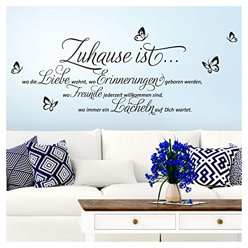 Wandaro Wandtattoo Zitat Zuhause ist wo die Liebe wohnt + Schmetterlinge I schwarz (BxH) 120 x 52 cm I Wohnzimmer Wandaufkleber Wandsticker Aufkleber W3251 von Wandaro