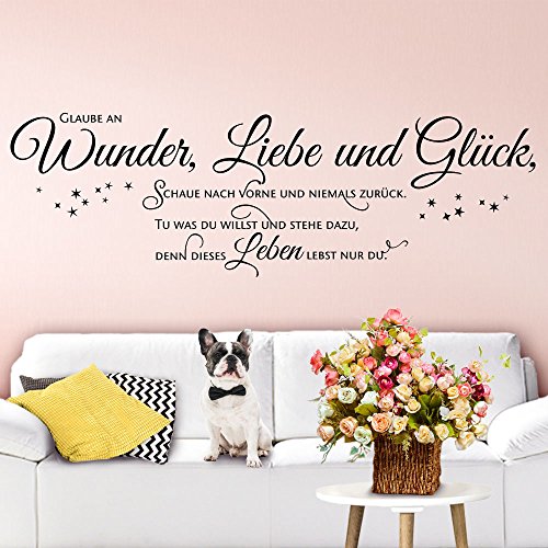 Wandaro W3403 Wandtattoo Spruch Glaube an Wunder Liebe Glück I schwarz 160 x 45 cm I Wohnzimmer Aufkleber Wandsticker Schlafzimmer Wandaufkleber von Wandaro