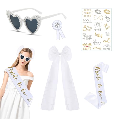 WanderGo 5-Teiliges JGA Accessoires Set für Frauen- Brautschleier, Bride to Be Schärpe, Herz-Sonnenbrille, Blume Sticker Junggesellinnenabschied Deko für Brautparty Hochzeit WanderGo 5-Teiliges JGA Accessoires Set für Frauen- Brautschleier, Bride to Be Schärpe, Herz-Sonnenbrille, Blume Sticker Junggesellinnenabschied Deko für Brautparty Hochzeit von WanderGo