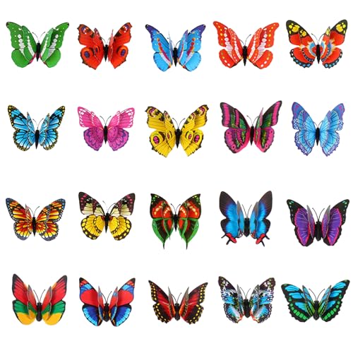 WanderGo 20 Stück Bunte Schmetterlinge Deko mit Clip Große Doppelschmetterling Schmetterlingsclip PVC Befestigungsclip für Dekoration für Garten, Vorhänge, Büro, Grünzeug von WanderGo