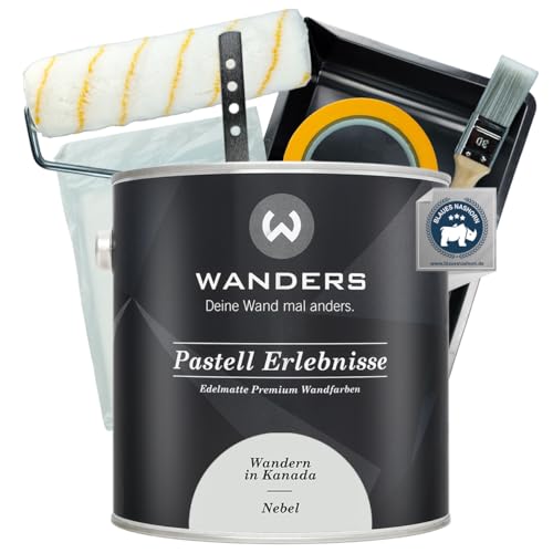 Wanders Pastell Erlebnisse Wandfarbe 2,5L (Nebel, Grau) inkl. Streichset Basic – Premium Kreidefarbe, Leichte Anwendung, Hochdeckend, Ultramatt, Perfekt für Heim-DIY von Wanders