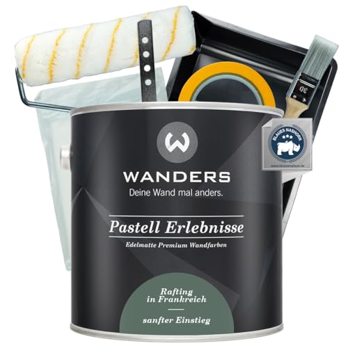 Wanders Pastell Erlebnisse Wandfarbe 2,5L (sanfter Einstieg, Dunkelgrün) inkl. Streichset Basic – Premium Kreidefarbe, Leichte Anwendung, Hochdeckend, Ultramatt, Perfekt für Heim-DIY von Wanders