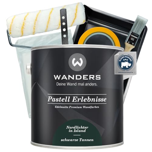 Wanders Pastell Erlebnisse Wandfarbe 2,5L (schwarze Tannen, Dunkelgrün) inkl. Streichset Basic – Premium Kreidefarbe, Leichte Anwendung, Hochdeckend, Ultramatt, Perfekt für Heim-DIY von Wanders