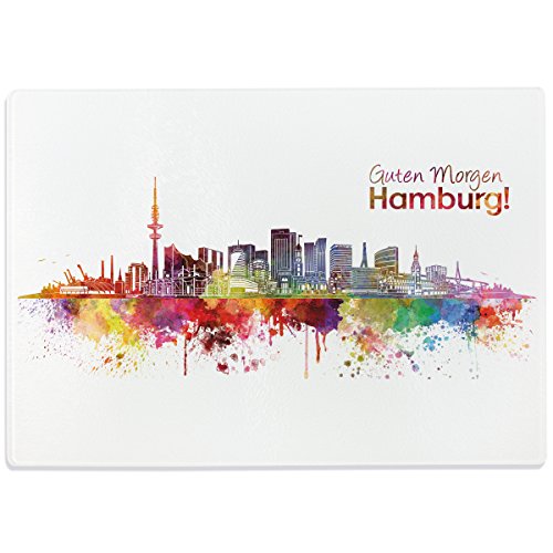 WANDKINGS Glasschneidebrett „Skyline Hamburg“ - Stadt wählbar - Glasschneideplatte, Schneidebrett aus Glas, Frühstücksbrettchen von WANDKINGS