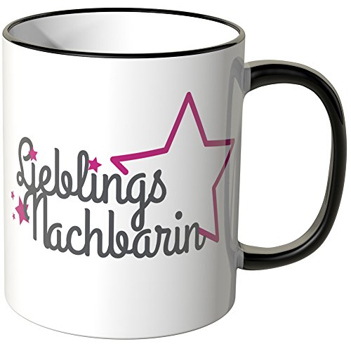 WANDKINGS® Tasse, Schriftzug: Lieblingsnachbarin mit pinken Sternchen - SCHWARZ von WANDKINGS