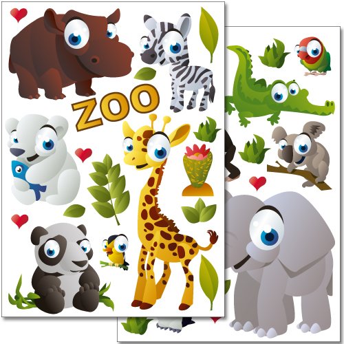Wandkings Zoo Tiere Wandsticker Set, 37 Aufkleber, 2 DIN A4 Bögen, Gesamtfläche 60 x 20 cm von WANDKINGS