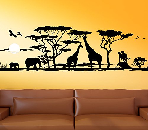 Wandora G012 Afrika Savanne Giraffe Elefant Steppe Wandaufkleber Wandsticker schwarz (BxH) 150 x 46 cm von Wandora
