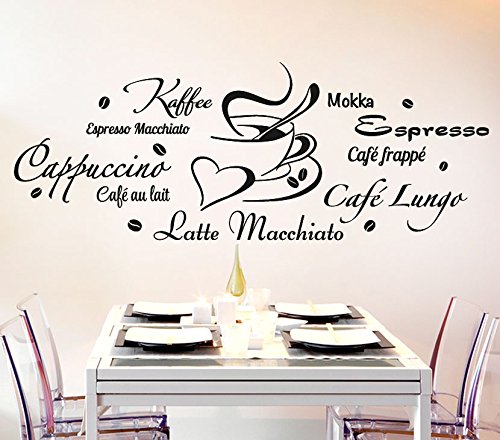 Wandora Wandtattoo Kaffeesorten + Tasse I schwarz (BxH) 120 x 45 cm I Küche Esszimmer Cappuccino Espresso Sticker Aufkleber Wandaufkleber Wandsticker G178 von Wandora