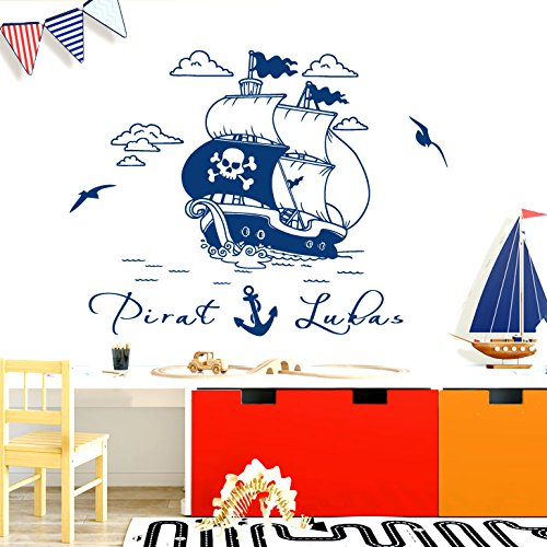 Wandora W1521 Wandtattoo Wandsticker Wandaufkleber Kinderzimmer Piratenschiff Pirat Schiff Wunschname Wandbild schwarz (BxH) 79 x 47 cm von Wandora