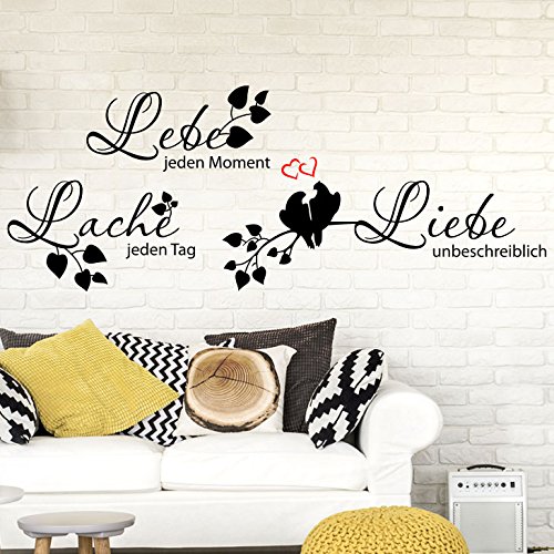 Wandora Wandtattoo Zitat Lebe Lache Liebe Vögel Herz I schwarz (BxH) 90 x 34 cm I Wohnzimmer Schlafzimmer Sticker Aufkleber Wandsticker Wandaufkleber W1478 von Wandora