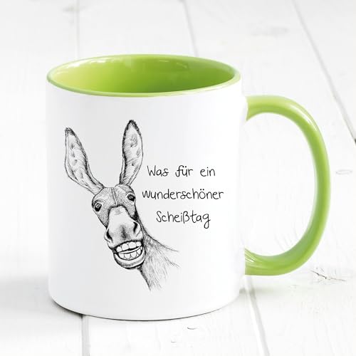 Bedruckte Tasse Esel mit Spruch Was für ein wunderschöner Scheißtag, Geburtstagsgeschenk mit Humor, Kaffeetasse Kaffeebecher, hellgrün von Wandtattoo Loft