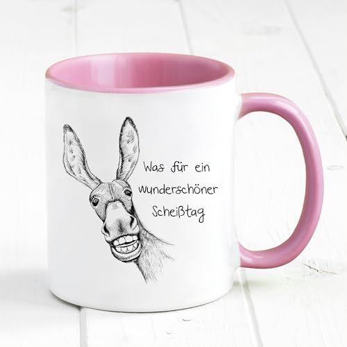 Bedruckte Tasse Esel mit Spruch Was für ein wunderschöner Scheißtag, Geburtstagsgeschenk mit Humor, Kaffeetasse Kaffeebecher, rosa von Wandtattoo Loft