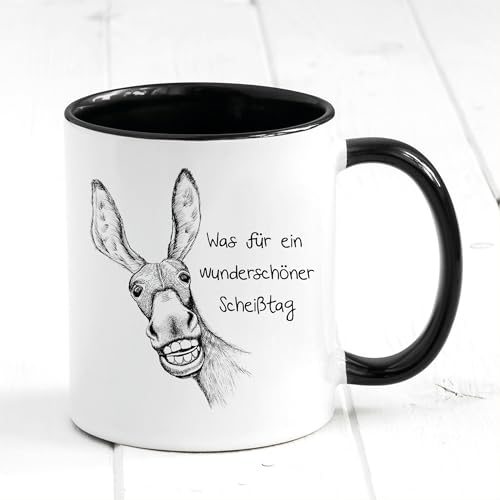 Bedruckte Tasse Esel mit Spruch Was für ein wunderschöner Scheißtag, Geburtstagsgeschenk mit Humor, Kaffeetasse Kaffeebecher, schwarz von Wandtattoo Loft