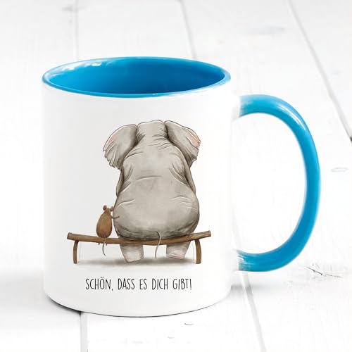 Bedruckte Tasse Schön, dass es dich gibt mit Maus und Elefant, Geschenk Geburtstag Kaffeetasse Kaffeebecher Liebe Freundschaft, hellblau von Wandtattoo Loft