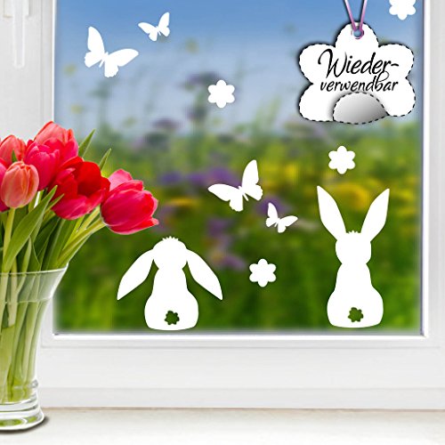 Wandtattoo-Loft Fensteraufkleber Ostermotiv „DREI süße Hasen mit Blumen und Schmetterlingen“ in der Farbe WEIß WIEDERVERWENDBAR / 23 Aufkleber im Set/Fensterbilder/Fensterdeko Set von Wandtattoo-Loft