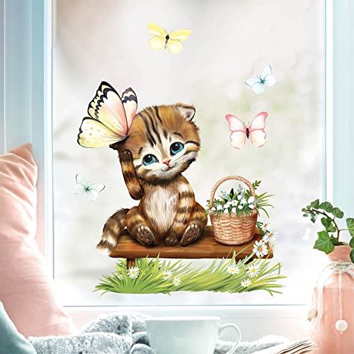 Fensterbild Frühling Katze Kätzchen mit Schmetterlingen Fensterdeko Kinderzimmer Kind, Frühlingsdeko, Osterdeko, 1. A4 Bogen von Wandtattoo Loft
