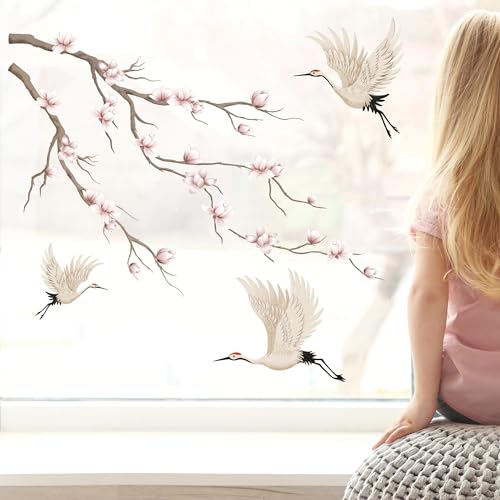 Fensterbild Frühling Magnolienzweig mit Kranichen bunt farbig wiederverwendbare Fensteraufkleber Kinderzimmer Baby Kind, Osterdeko, A3 Bogen von Wandtattoo Loft