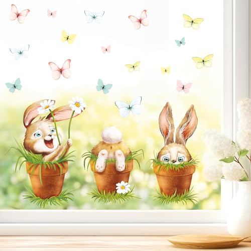 Fensterbild Frühling Ostern 3 Hasen im Blumentopf mit Schmetterlingen Fensterdeko Kinderzimmer Kind Frühlingsdeko, 2. A3 Bogen von Wandtattoo Loft