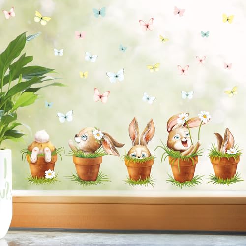 Fensterbild Frühling Ostern 5 Hasen im Blumentopf mit Schmetterlingen Fensterdeko Kinderzimmer Kind Frühlingsdeko, 2x A2 Bögen von Wandtattoo Loft