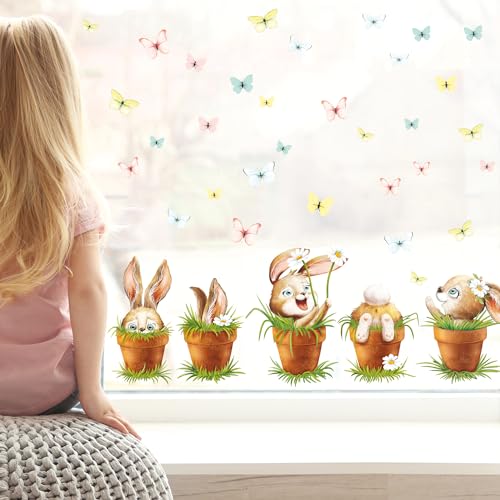 Fensterbild Frühling Ostern 5 Hasen im Blumentopf mit Schmetterlingen Fensterdeko Kinderzimmer Kind Frühlingsdeko, 2x A4 Bögen von Wandtattoo Loft