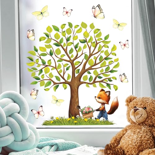 Fensterbild Frühling Ostern Baum Fuchs Schmetterlinge Schubkarre Fensterdeko Kinderzimmer Kind, 1. A4 Bogen von Wandtattoo Loft