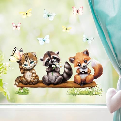 Fensterbild Frühling Ostern Fuchs Waschbär Katze Schmetterlinge Fensterdeko Kinderzimmer Kind, Osterdeko, Frühlingsdeko, 2. A3 Bogen von Wandtattoo Loft